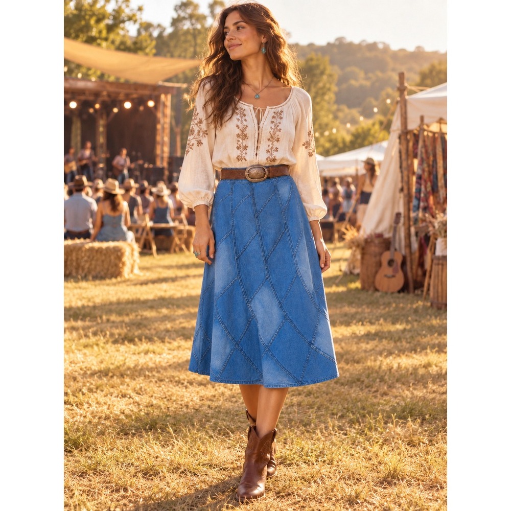 Vintage Y2K Denim Patchwork Midi Skirt Size L Boho Country Western Festival
